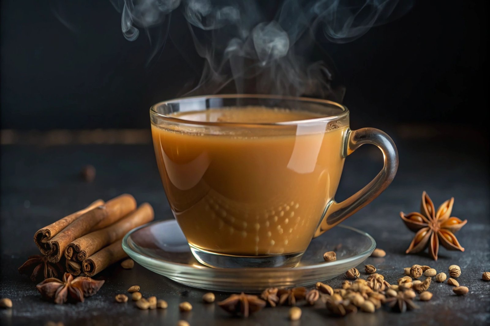 steaming-cup-coffee-with-cinnamon-sticks-star-anise-coffee-beans-dark-background